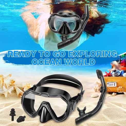 Snorkeling Gear for Adults, Anti-Fog Tempered Glass Lens, Anti-Leak Set with Mesh Bag