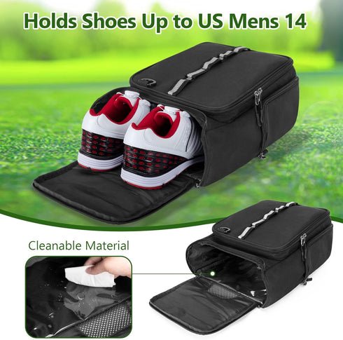 Golf Shoe Bag Holds US Mens 14 Pair of Shoes, Carrier with Free Gloves Holders and Accessory Pockets, Black
