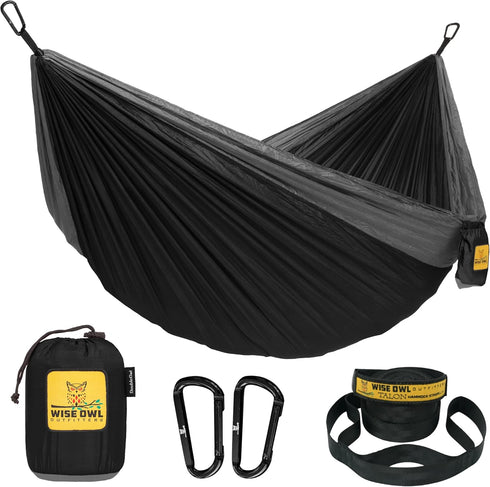 Wise Owl Outfitters Double Hammock for Camping - Portable Lightweight Parachute Nylon, Black & Grey