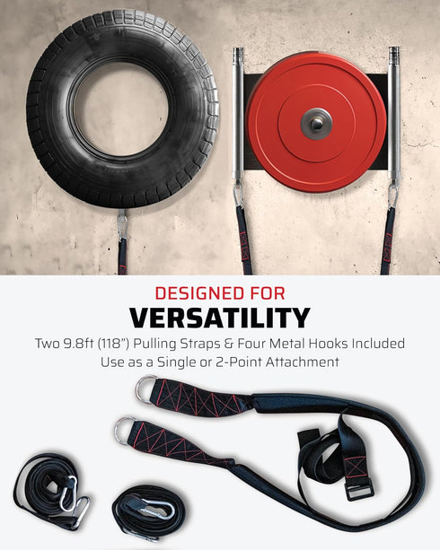 Sled Pulling Belt Adjustable Closure with 2 Sled Pulling Straps & 4 Hooks for Resistance Training, Strength, Agility