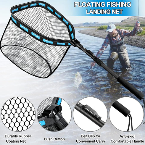 PLUSINNO Floating Fishing Net - Rubber Coated Landing Net for Easy Catch & Release - Compact & Foldable