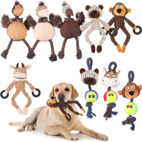Honoson 9 Pcs Cute Durable Plush Dog Teething Toys, Soft Squeaky Stuffed Animal Chew Toys for Small & Medium Dogs