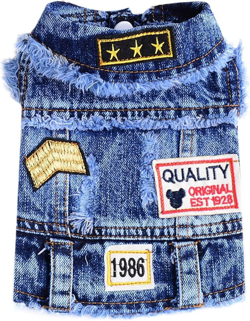 Cool Dog Jean Jacket, Small Puppy Outfits, Denim Coats for Small Medium Dogs, Blue Print, XL