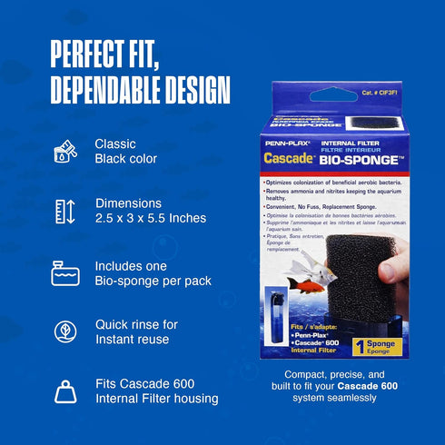 600 1 Pack CIF3 2.5 3 5.5 Inches Penn-Plax Cascade Replacement Bio-Sponge - Aquarium Filter Sponge for Submersible