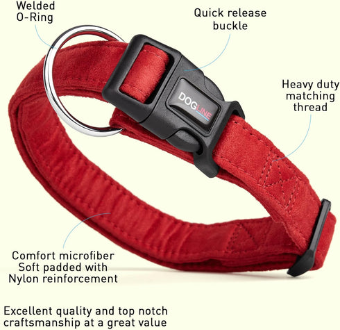 Dogline Comfort Microfiber Flat Collar for Dogs, Red, W 3/4" L 13"-21"