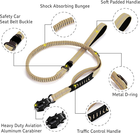 Heavy Duty Tactical Bungee Dog Leash, 4-6FT Shock Absorbing with 2 Padded Handles for Medium Large Dogs (Brown)
