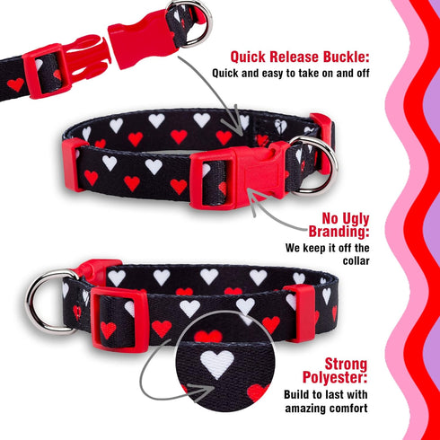 Native Pup Valentine’s Dog Collar, Adjustable for Small, Medium, Large Breeds, White & Red Hearts, Large