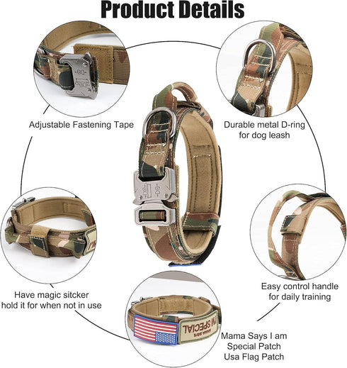 KCUCOP Military Tactical Dog Collar with 2 Patches, 1.5" Width, Adjustable Heavy Duty Metal Buckle for M, L, XL Dogs