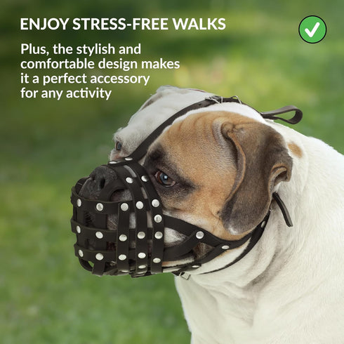 CollarDirect Leather Dog Muzzle for Boxer, English American Bulldog - Adjustable, Breathable, Anti-Barking (Brown)