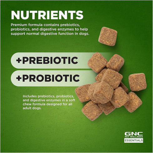 GNC Pets Essentials Digestion Supplements for Dogs, 60ct Soft Chews Bacon Flavor in 12oz Reusable Container