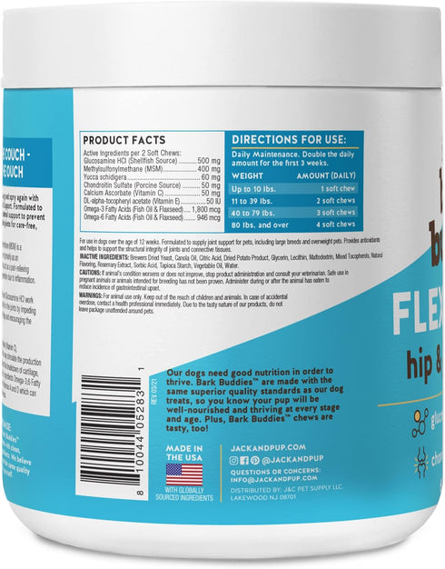 Jack&Pup Dog Joint Supplement Flex-Agility Bark Buddies - Glucosamine Chondroitin Hip and Joint Chews (5oz, 60 Ct)