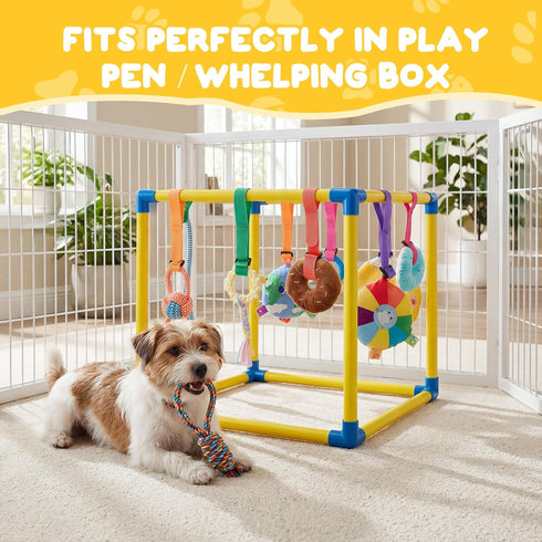 WooPetty 10 19.6" 10 Puppy Play Gym with Hanging Toys, Dog Jungle Gym PVC Frame with Interactive Enrichment Toys