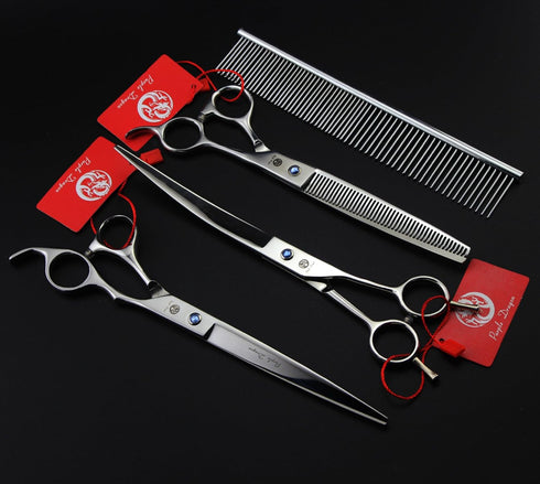 Purple Dragon 8 inch 3 in 1 Professional Thinning Scissors - Upward Curved Shears and Dog Hair Cutting Scissor for