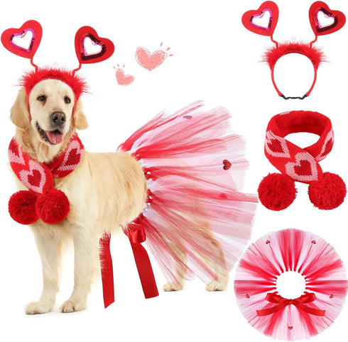 3 Pieces Valentines Day Dog Costume Set, Red Valentines Love Headband, Dog Tutu Dress, Cute PET Tutu Scarf for Medium