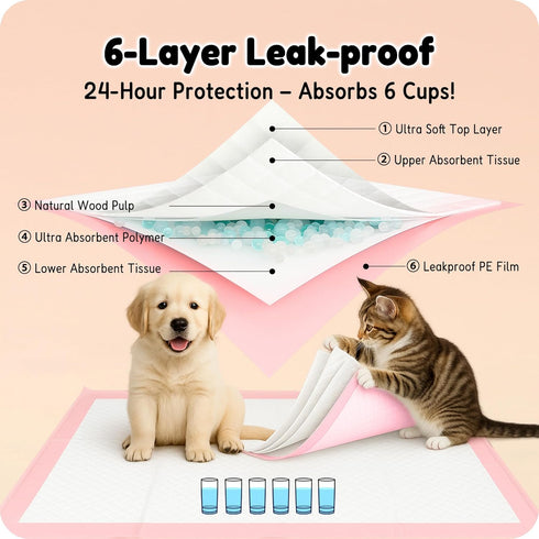 23" 23", 6-Layer 100 Count MoMoCo Pink Puppy Pads x Super Absorbent Dog Pee Pads, Leak-Proof Training Pads for Hardwood