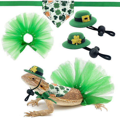 Vehomy 4Pcs Saint Patrick's Day Bearded Dragon Hats Tutu Skirt Outfit with Shamrock Décor for Small Pets