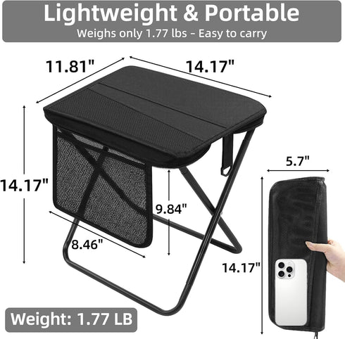 CarryEpic Backpacking Portable Folding Camp Stool with Side Pocket, Taller Foldable Camping Stool for Adults, Metal