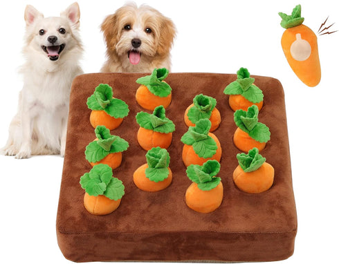 Interactive Squeak Carrot Snuffle Mat for Dogs - Plush Puzzle Toys 2 in 1 for Pet Stress Relief with 12 Carrots