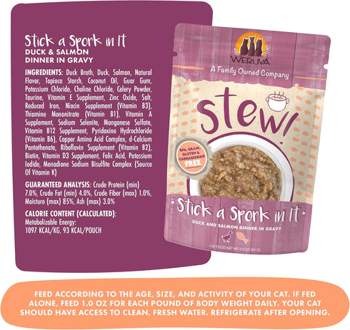 Weruva Classic Cat Stews, Stick A Spork in It with Duck & Salmon in Gravy, 3oz Pouch (Pack of 12).