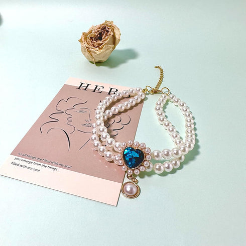 Handmade Pearl Dog Necklace, Cute Cat Collar, Fancy Adjustable Puppy Collar with Blue Heart Jewelry for Birthday Party