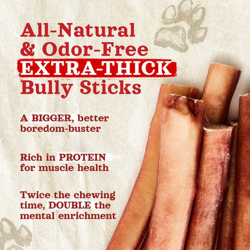 Natural Farm Odor Free Jumbo Bully Sticks (12 Inch, 5 Pack), Extra-Thick 100% Beef Chews for Dogs