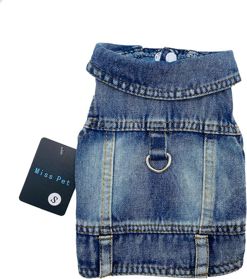 Dog Jeans Jacket Cool Blue Denim Coat for Small Medium Girl Boy Dogs Puppy Clothes Comfort Lapel Harness Vest with D-Ring for Leash