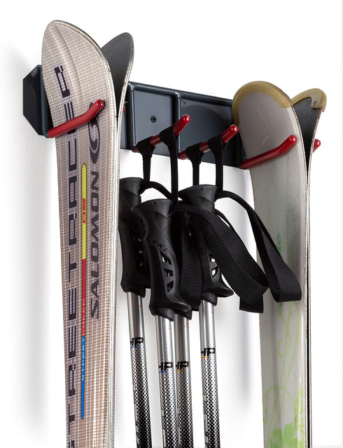 Wall Mounted Ski Rack Organizer Heavy Duty Horizontal Storage for Skis and Poles with Metal Frame and Padded Hooks