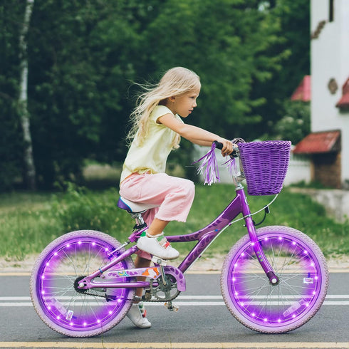 Kid's Bicycle Basket Streamers Set, Children's Wicker Basket with 2 LED Wheel Lights, Daisy Bike Bell