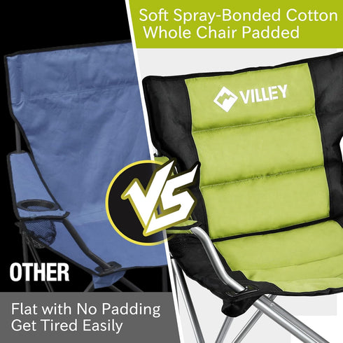 VILLEY Camping Chairs, Padded Folding Chair, Outdoor Portable High Camp Chair, Foldable Outside Arm Chair with Cup