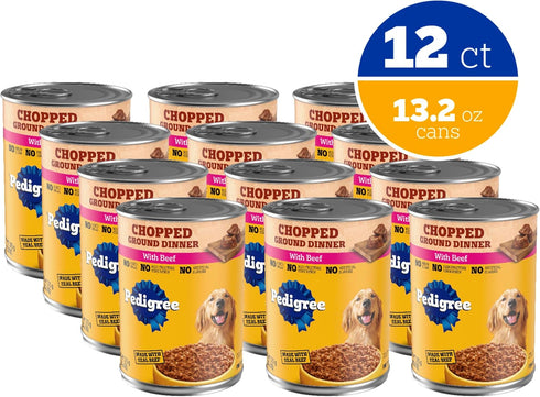 13.2 oz. 12 Count Pedigree Chopped Ground Dinner Adult Soft Wet Dog Food with Beef, Canned Dog Food, Cans