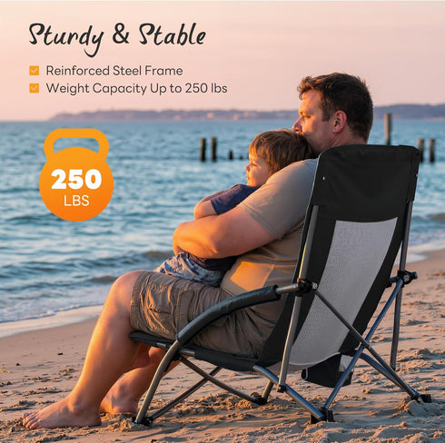 NEWBULIG Low Beach Chair Folding Camping Chair for Adults, Low Profile Lawn Chair with Cup Holders & Carry Bag, Extra
