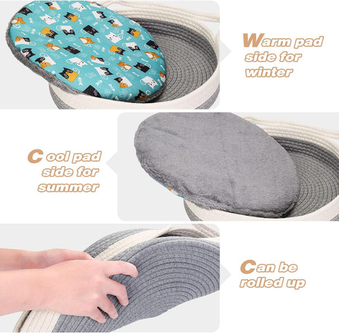 Cotton Rope Woven Cat Bed Basket, Small Dogs Sofa Bed with Double Sided Mat, 14"x14"x4", Washable Round Bed