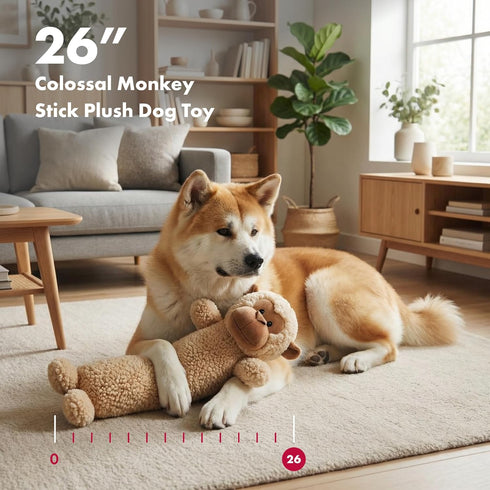 26 Inch Pet Lou Monkey Stick Plush Dog Chew Toy for Dogs with Grunter & Squeakers, Durable Fleece Interactive Toy