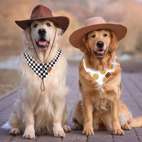 2Pcs One Happy Dude Dog Bandana, Boho Smile Face Checkerboard Print Fabric Pet Scarf, Adjustable Neckerchief
