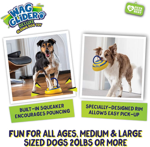 Wag Glider Deluxe Dog Toy - Sliding Gliding Toy with Built-in Squeaker & Rope for Medium & Large Dogs - Safe for Indoor