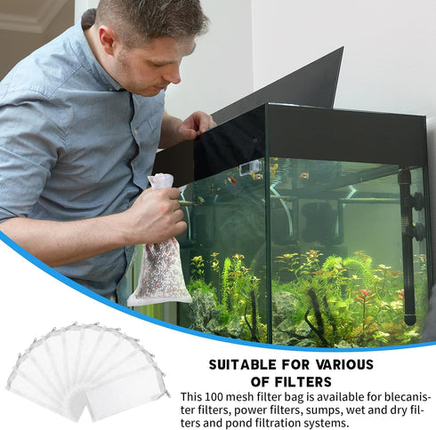 10 Small Aquarium Filter Bags with Zipper, 3 x 8 Inch Fine Media Bags, 150 Micra Mesh Reusable Charcoal Filter