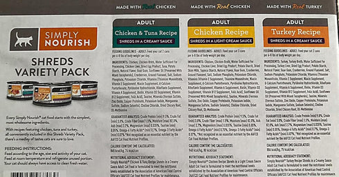 SIMPLY NOURISH 1-12 Pack Pack. 4-Chicken Tuna,4-Chicken 4-Turkey Sauce.12-3 Cat Canned Food. of Shreds Variety
