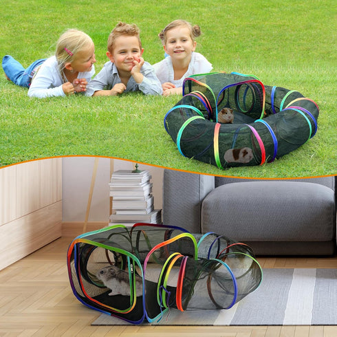98.4" Chinchilla, Guinea Pig Playpen with Tunnel, Rainbow Playpen with Extended Tube & Open Side, Rabbit Playpen