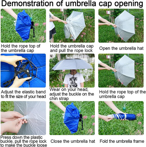 NEW-Vi Fishing Umbrella Hat - Folding Adjustable Sun Rain Cap, 37.4” Oversize Hands-Free Umbrella