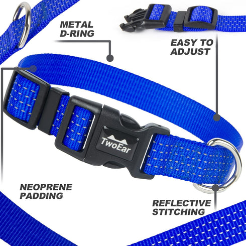 TwoEar Heavy Duty Dog Collar, Reflective Adjustable Nylon Pet Collar for Medium Breeds, Blue