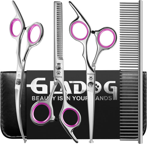 GLADOG Professional 5 in 1 Dog & Cat Grooming Scissors Set with