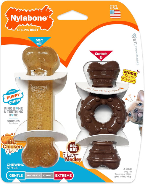 15 lbs, 2 Pack Nylabone Ring Bone Chew Toy for Puppies, Puppy Teething Toys, Puppy Enrichment Toys, Chicken Flavor