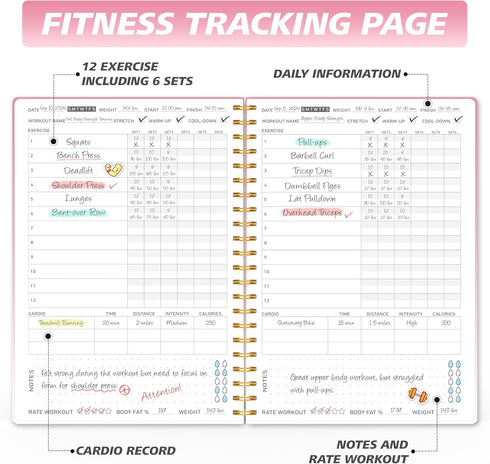 Fitness Journal Workout Planner for Women & Men, A5 Sturdy Workout Log Book for Gym & Home Workouts - Pink