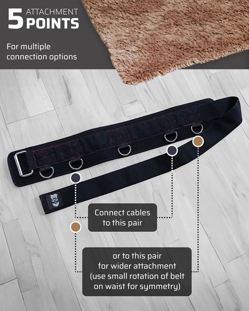 Multi-Attachment Belt for Cable Machine, 5 Points for Optimal Weight Distribution, 2 Straps & 3 Snap Hooks