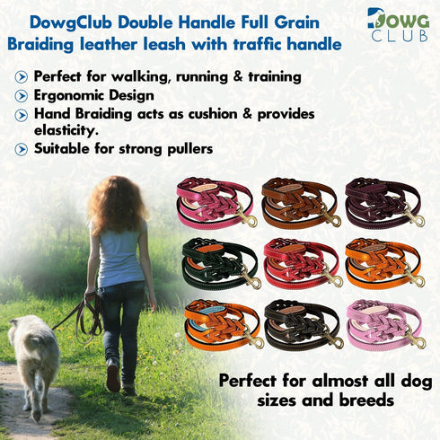6' Genuine Leather Dog Leash, Heavy Duty, Handmade, Braided, Dual Handle Design with D Ring, Padded & Traffic Handle