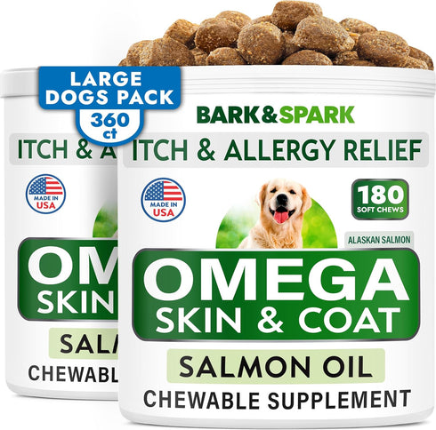 BARK&SPARK Omega 3 for Dogs: 360 Fish Oil Treats for Shedding, Skin Allergy Relief, Joint Health, Alaskan Salmon