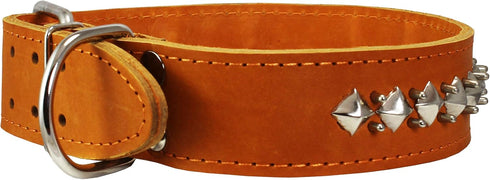 Thick Genuine Leather Spiked Studded Dog Collar - Brown, Fits 18"-22" Neck for Retriever, Doberman, Rottweiler, Pitbull