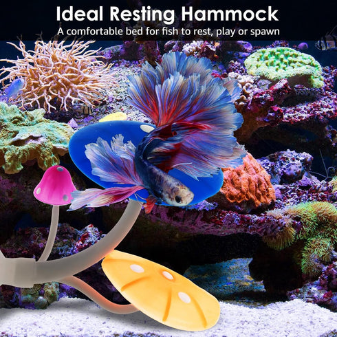 2Pcs Betta Fish Mushroom Hammock with 30 Luminous Stones, Soft Silicone Aquarium Rest Bed