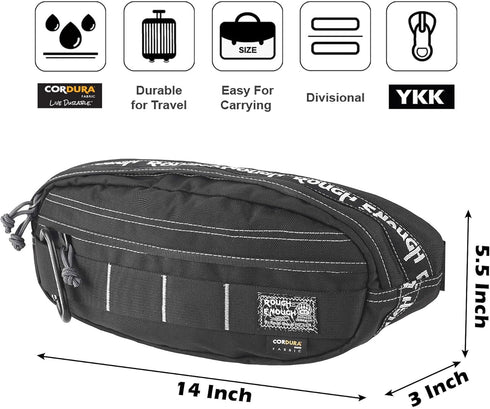 Rough Enough Men's Fanny Pack, Tactical Crossbody Waist Pack Bag for Hunting, Hiking, Fishing, Black Cordura