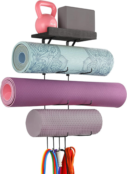 VINAEMO Yoga Mat Holder Accessories - Wall Mount Organizer with 4 Hooks and Wooden Shelves for Foam Roller and Towel